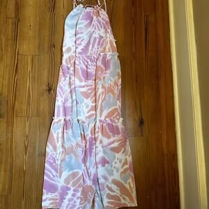 Lush‎ pink orange watercolor sleeveless tiered dress SIZE S